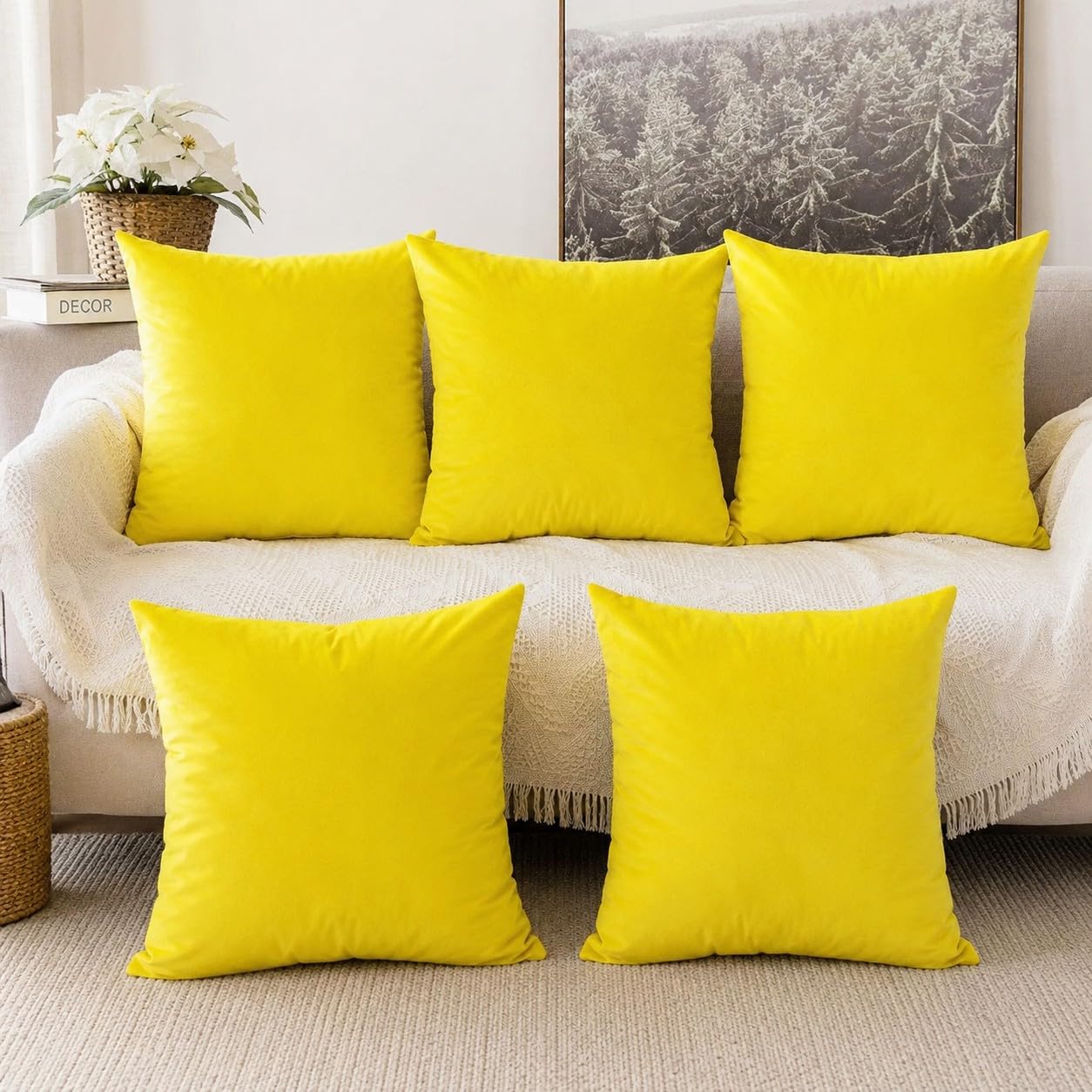 Khooti Velvet Cushion Cover, 26x26 | Lemon Yellow | Pack of 5 | Solid Plain Soft & Smooth, Decorative Cushion Covers for Living Room, Bedroom, Couches, Chairs, Sofas, Beds & Home Decor