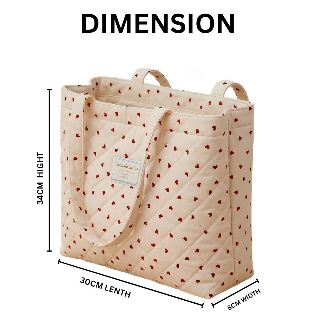 Gowloz Quilted Love Heart Plaid Tote Bag for Women, Large Capacity Lightweight Shoulder Bag for Travel, Shopping & Work, Stylish Durable Daily Use Fashion Tote Bag