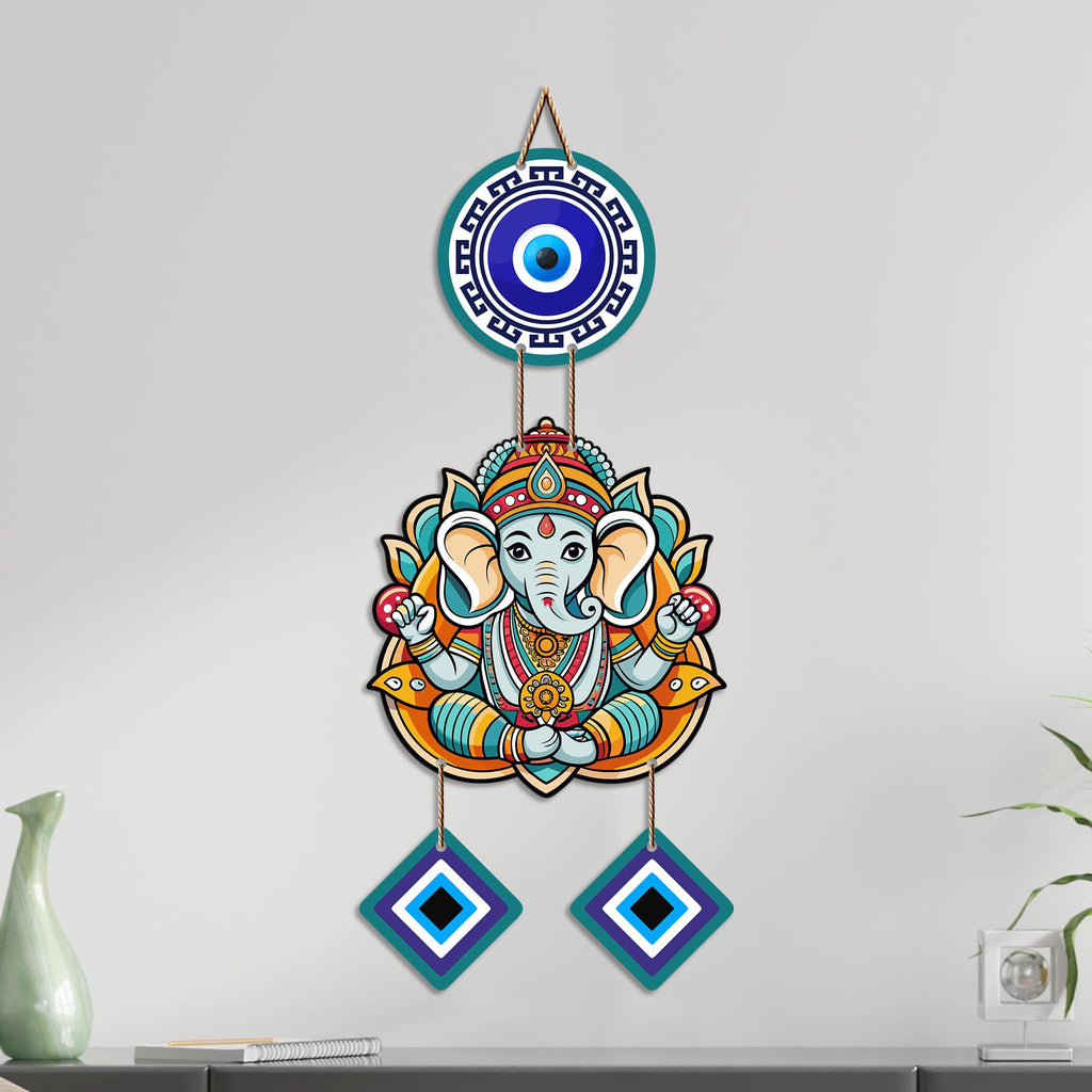 Artvibes Shri Ganesh Evil Eye Protection Wall Hanging for Home Entrance | Nazar Battu MDF Wall Decor | Positive Energy Vastu Art for Living Room | Hallway | Office & Balcony | Gift Item (WH_8555N)