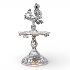 Kridaykraft Metal Peacock Diya Samai Oil Lamp, Silver Finish, Traditional Indian Decor, 19 cm Height, 270 gm, Handcrafted Design