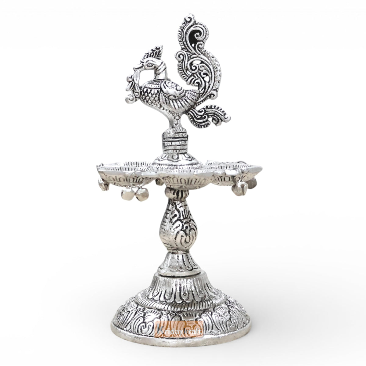 Kridaykraft Metal Peacock Diya Samai Oil Lamp, Silver Finish, Traditional Indian Decor, 19 cm Height, 270 gm, Handcrafted Design