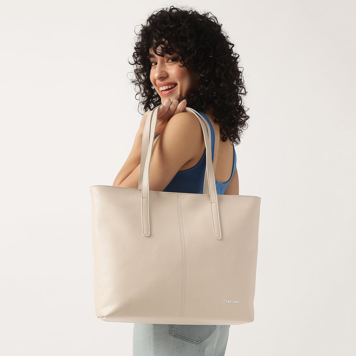Fastrack Casual Tote Bag For Girls, Large Size With A Zipper Closure And Padded Laptop Compartment, Compatible With Laptops Up To 15 Inches, Double Handle Tote Bag, Beige