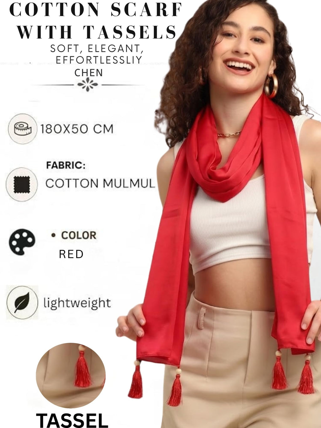 GALE GIRLS Cotton Mulmul Scarf|Scarf for Women|Mulmul Stole|Soft Beach Wrap|Tassel Design|Easily fits 180 * 50cm|Red