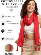 GALE GIRLS Cotton Mulmul Scarf|Scarf for Women|Mulmul Stole|Soft Beach Wrap|Tassel Design|Easily fits 180 * 50cm|Red