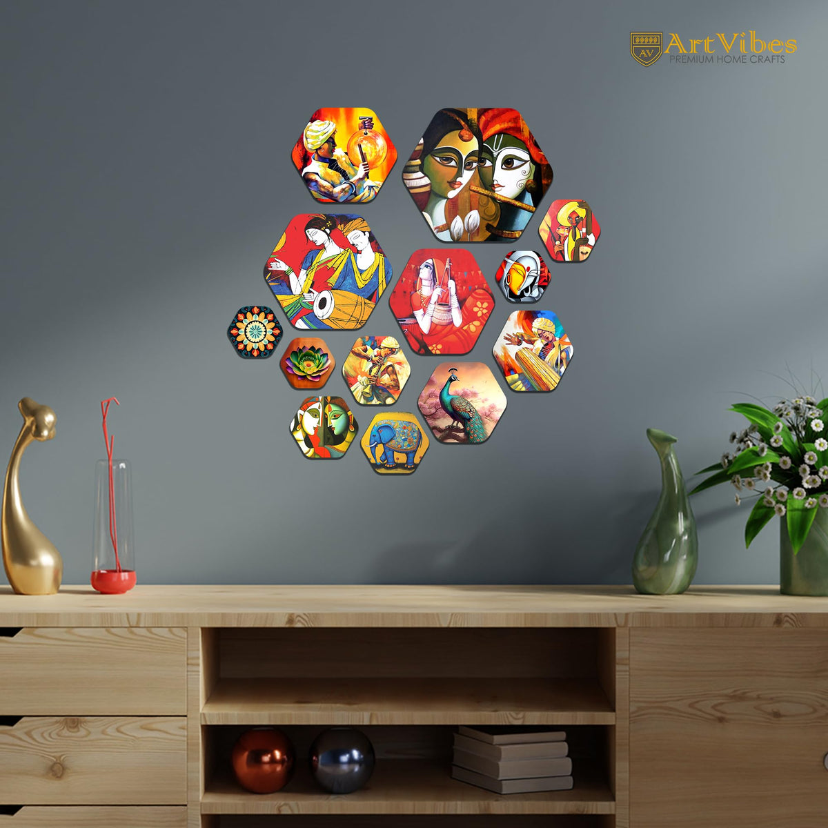 Artvibes Indian Folk Art Hexagon Shape MDF Wooden Wall Decor Items | Living Room | Office | Cafe | Scenery For Drawing Room | Wall Art Print | Artworks Hangings | Ideal Gifts (WPS_216N), Set of 13