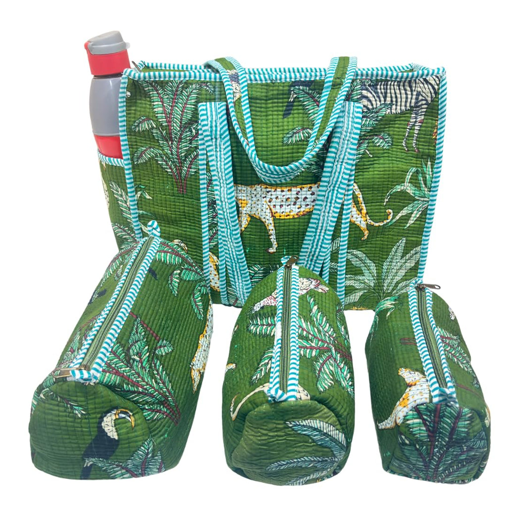 RajPadmini 4-in-1 Rakhi Gifting COMBO : Premium Quilted Tote Bag + 3 Waterproof Pouches = Your Complete Organization Solution! (Animal Print Green)