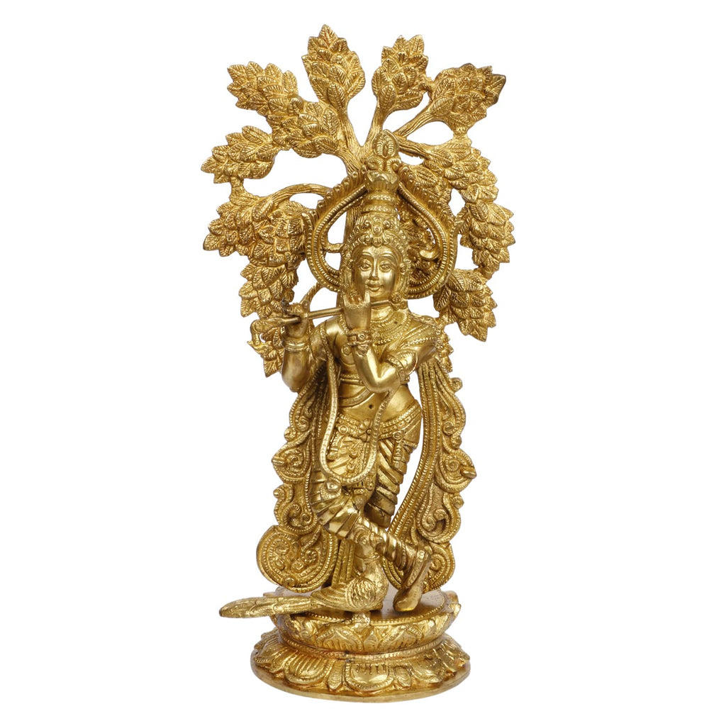 ARTVARKO Brass Krishna Idol Playing Flute with Peacock Under The Kadamba Tree, Height 15 Inches.