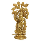 ARTVARKO Brass Krishna Idol Playing Flute with Peacock Under The Kadamba Tree, Height 15 Inches.