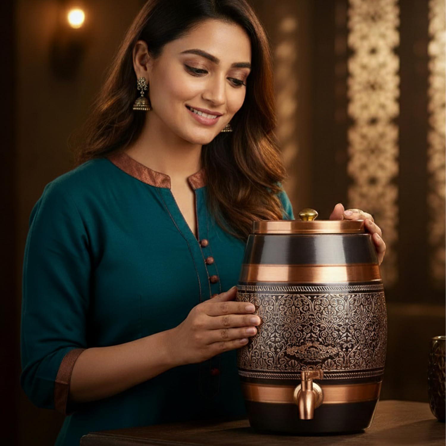 cWc Pure Copper Water Dispenser 5 Litre | Handcrafted Antique Engraved Copper Barrel | Ayurvedic Water Storage Pot | Traditional Copper Water Tank for Home, Kitchen & Office