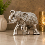 KridayKraft Decorative Silver Elephant Trunkup Silver Plated Statue, 12 cm x 9.5 cm, 400 gm, Intricately Carved Metal Figurine