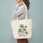 Heu Green Floral Printed Canvas Tote Bag | Eco-Friendly Reusable Cotton Shoulder Bag | Minimal Botanical Design Shopping Tote for Women & Men