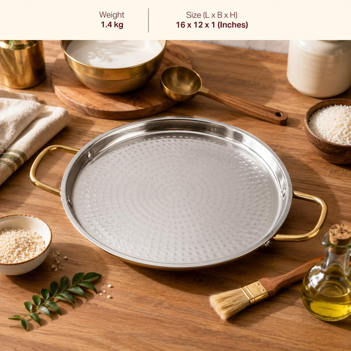 P-TAL Brass Dosa Tawa with Insulated Handles, 12 (30 cm) Tin Coated Brass Dosa Tava with Ayurvedic Benefits | Naturally Nonstick and Chemical Free (Free 30ml Copper & Brass Cleaning Solution)