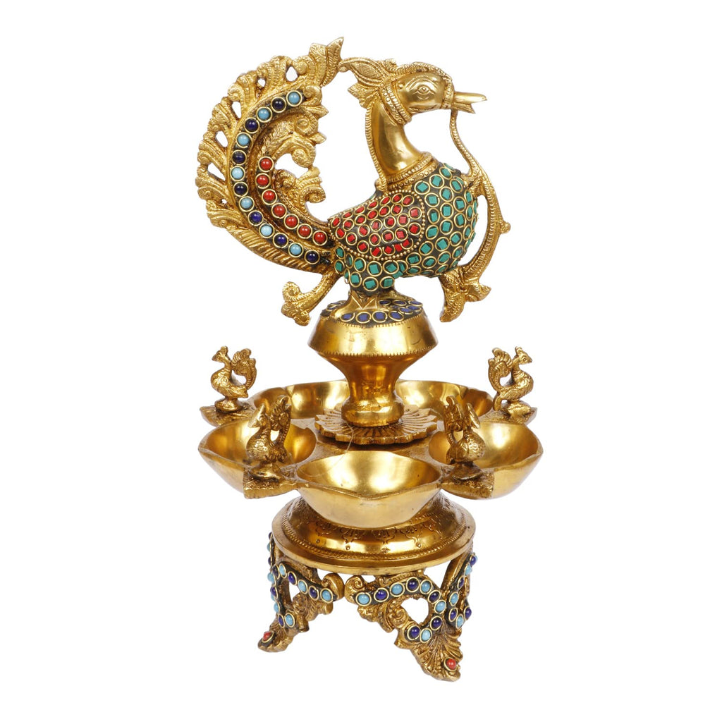 Artvarko Peacock Diya Table Oil Lamp Brass with Inlay Traditional Handmade Lamp for Temples Puja Festival Gifts & Home Décor Height: 12 Inch