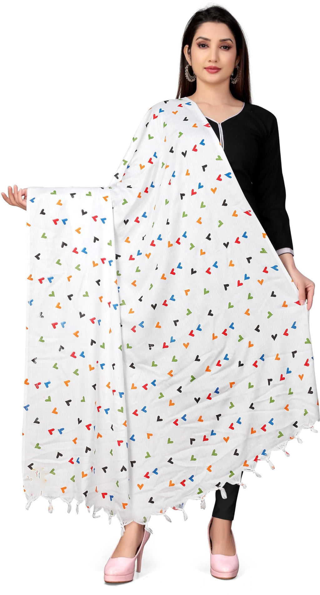 Sclout Female Cotton Breathable Sun Protection Scarf Dupatta Usable For Vehicle Driver | White Printed Design Stoles | Universal Size | For Girl & Women | Light Weight (Stole - Heart)