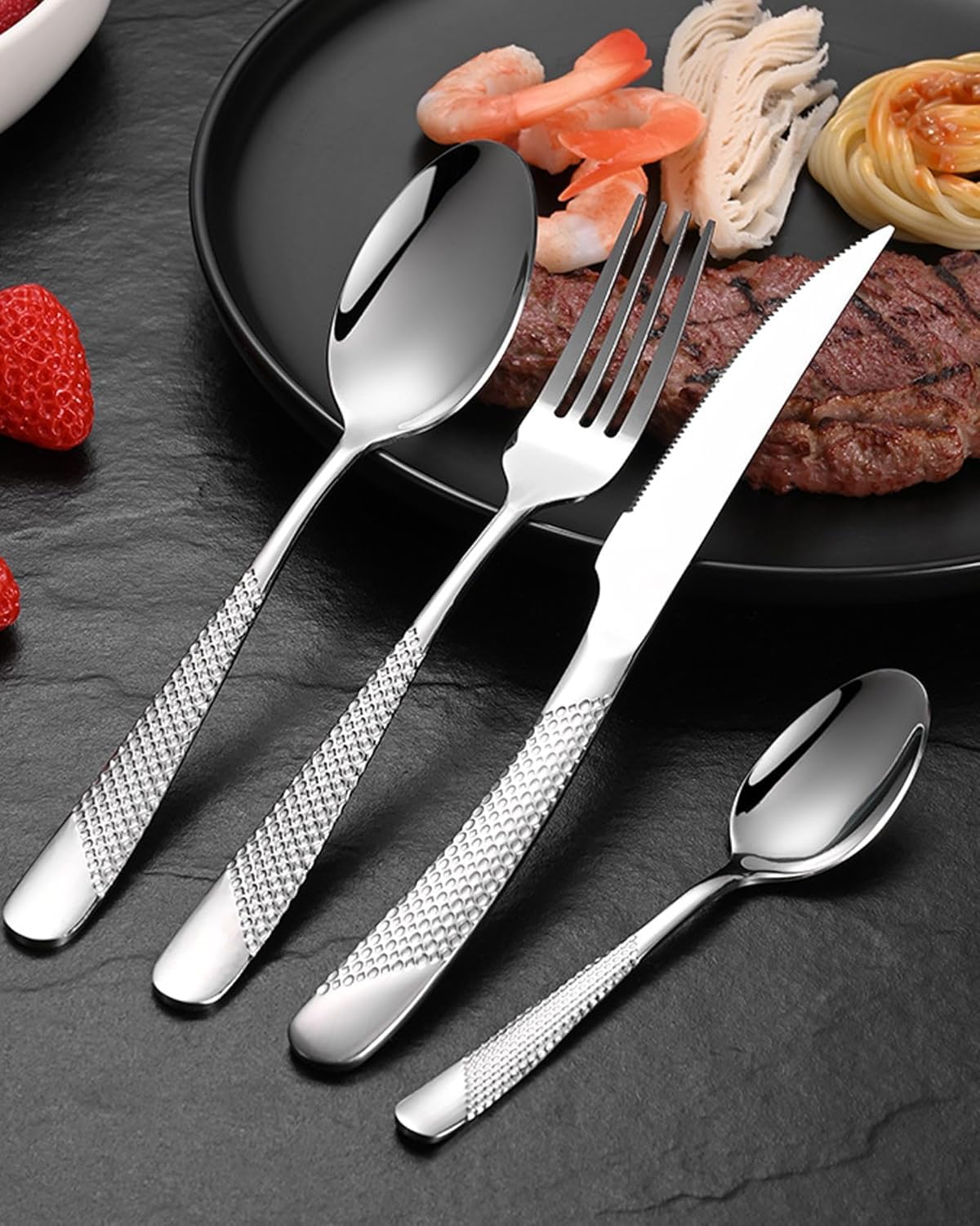 ANH MART Mirror Finish Silver Plated Stainless Steel Flatware Set Copper Silverware Set Rose Gold Spoon Color Cutlery Set [Dinner Fork-Tea Spoon-Salad Spoon-Knife] Set of (Silver DOT, 20)