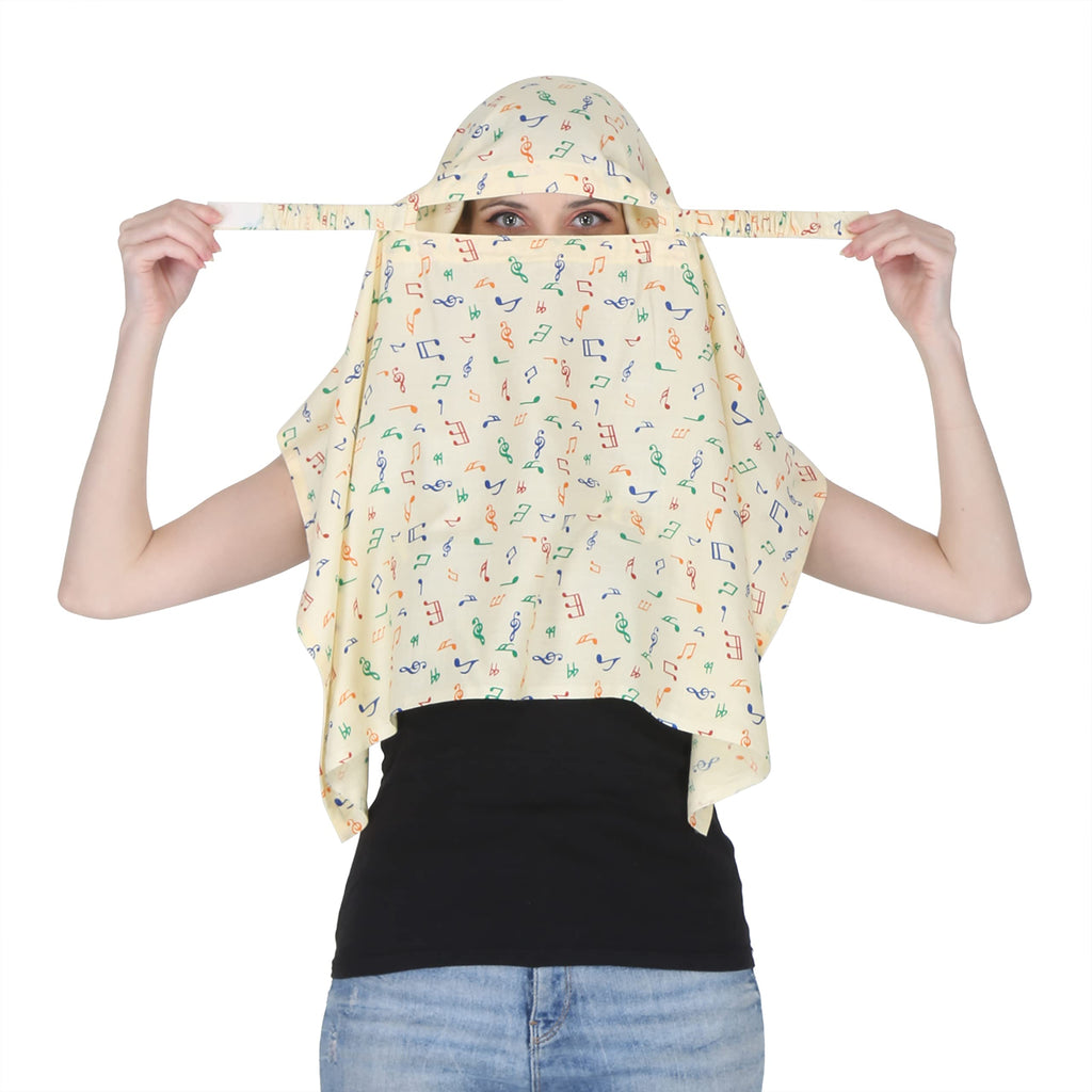 7 season's Female Cotton Scarf Cum Mask Universal Size Usable For Vehicle Driver For Sunlight Uv Protection White Printed Design (Yellow Music-S)