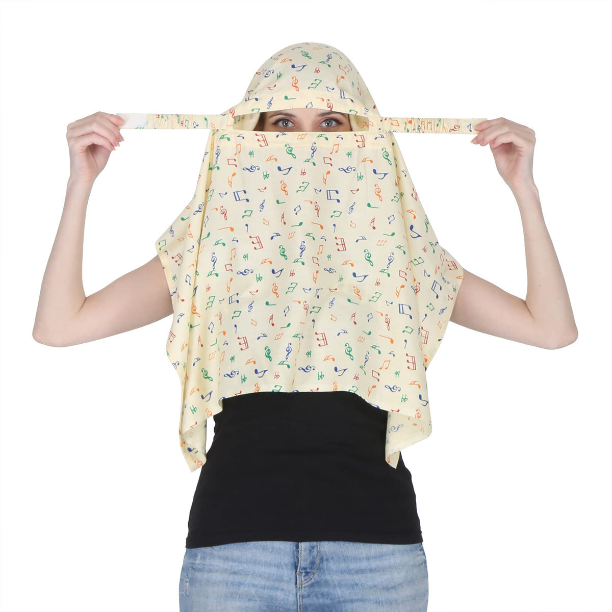 7 season's Female Cotton Scarf Cum Mask Universal Size Usable For Vehicle Driver For Sunlight Uv Protection White Printed Design (Yellow Music-S)