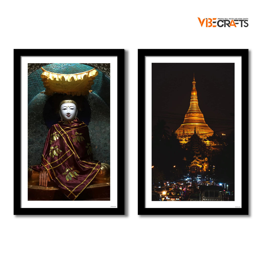 VIBECRAFTS Shwedagon Pagoda Premium Frame Painting of 2 Pieces For Office Digital Reprint Posters with Synthetic Wooden Frame Home, Office Decorative Gift Item(25 inch x 18 inch)(PFVC2Pcs2_902)