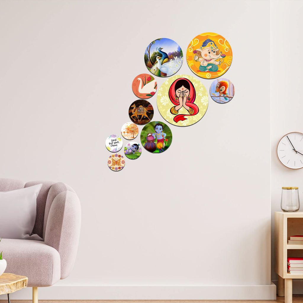 Artvibes Bal Ganesha & Little Krishna Round Shape MDF Wooden Wall Decor Items | Religious Decor | Graphic Artwork | Aesthetic Wooden Decor | Ethnic Wall Decor | Unique Gift Items (WPS_120N), Set of 11