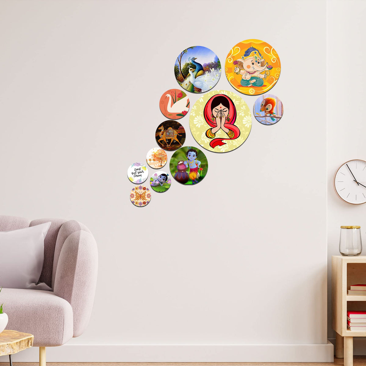 Artvibes Bal Ganesha & Little Krishna Round Shape MDF Wooden Wall Decor Items | Religious Decor | Graphic Artwork | Aesthetic Wooden Decor | Ethnic Wall Decor | Unique Gift Items (WPS_120N), Set of 11