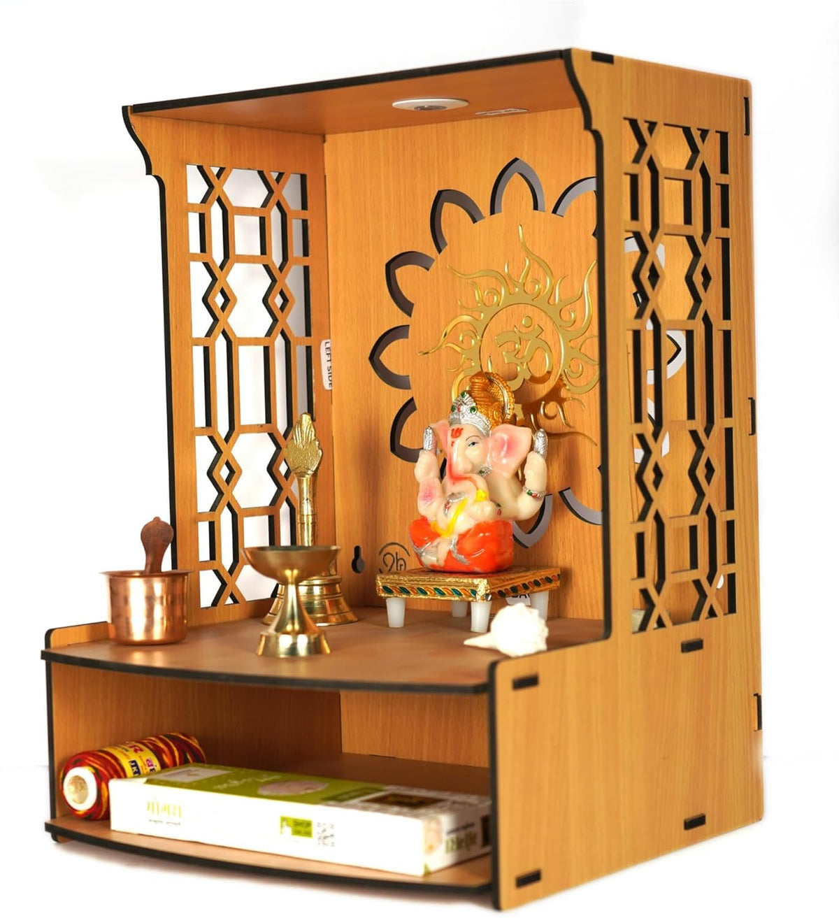 9br® Mangal Beautiful Wooden Pooja Stand for Home Pooja Mandir for Home Temple for Home and Office with LED Spot Light Size (H-15.5, L-11.5, W-11 Inch) (Pack of 1)