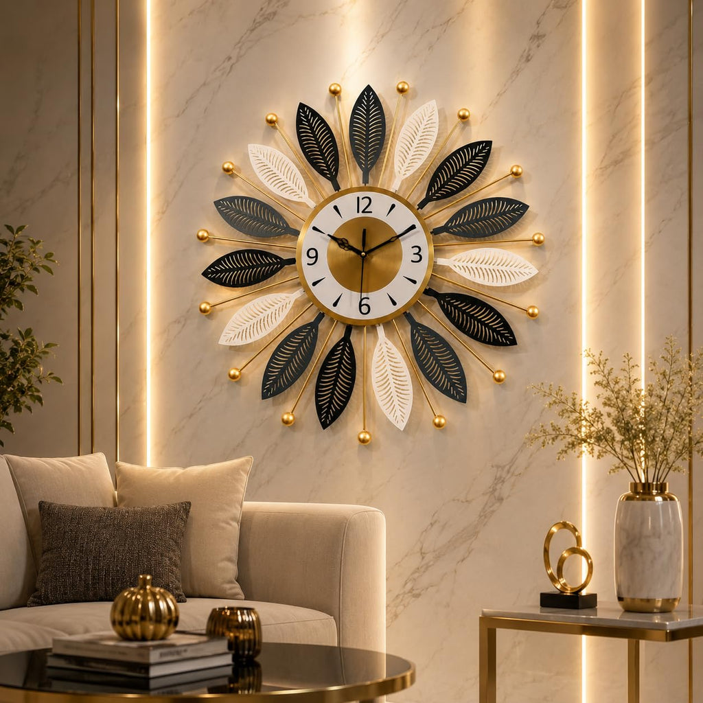 Luxury Metal Sunburst Leaf Wall Clock, Large Decorative Silent Clock, Black, White and Gold, for Living Room, Bedroom, Office