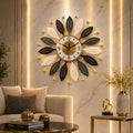 Mahira Artefacts Luxury Metal Wall Clock, Modern Sunburst Leaf Design, Black, White and Gold, Silent Non-Ticking, for Living Room, Bedroom and Office Decor