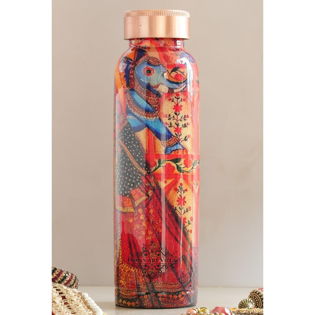 INDIAN ART VILLA Copper Water Bottle 900 ml, “Padharo Mhare Desh” Theme, Rajasthani Meena Printed Design, Handcrafted (0.9 Litre)