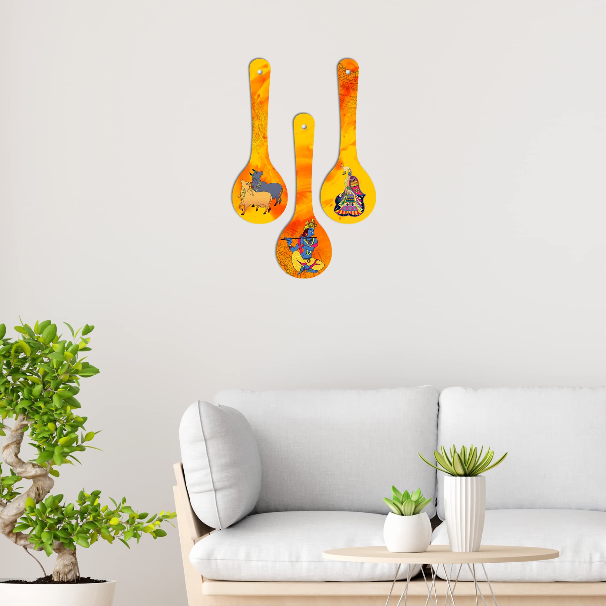 Artvibes Depecting Shri Krishna And Cows Indian Folk Art Wooden Wall Hanger for Home | Spiritual Decor Items | Wall Illustrations | Artwork| Stylish Modern Decor Item | Gift Items (WH_5006N), Set of 3
