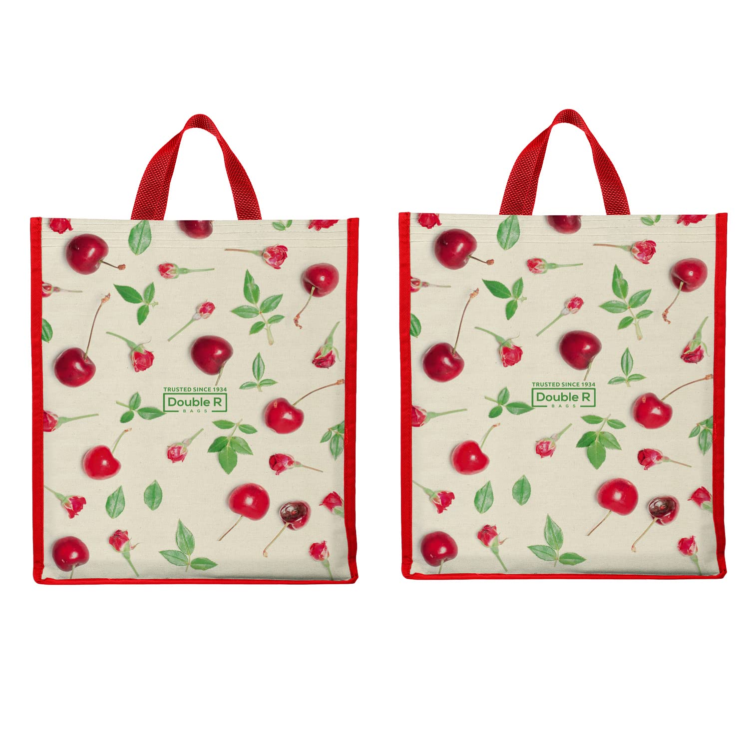 DOUBLE R BAGS Unisex Big Eco Cotton Canvas Shopping Bag for Grocery, Milk, Fruits & Vegetables | Reusable Jhola Tote with Reinforced Handles | Cherry Print, 34x9.5x39.5 cm, 1 Compartment (Pack of 2)