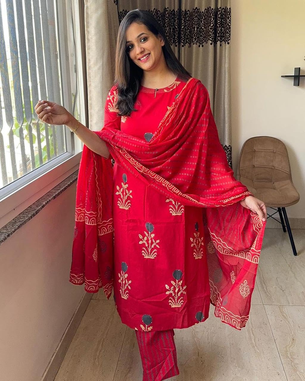 Veqreqmeq Women's Cotton Kurta Set with Dupatta | Red Printed Straight Kurta and Pant Suit for Casual