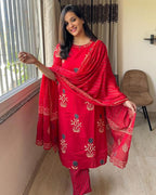 Veqreqmeq Women's Cotton Kurta Set with Dupatta | Red Printed Straight Kurta and Pant Suit for Casual