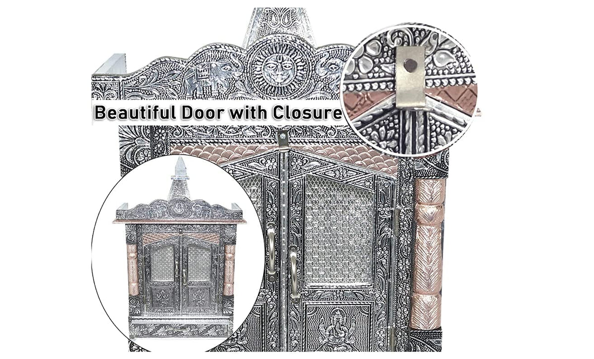 Suhanika Crafters Wooden Pooja Mandir with Copper Aluminum Accents | Big Size Pooja Temple for Home, Office, Pooja Room | Dev Ghar Sagache Mantapa (Small (6X12) INCHES)