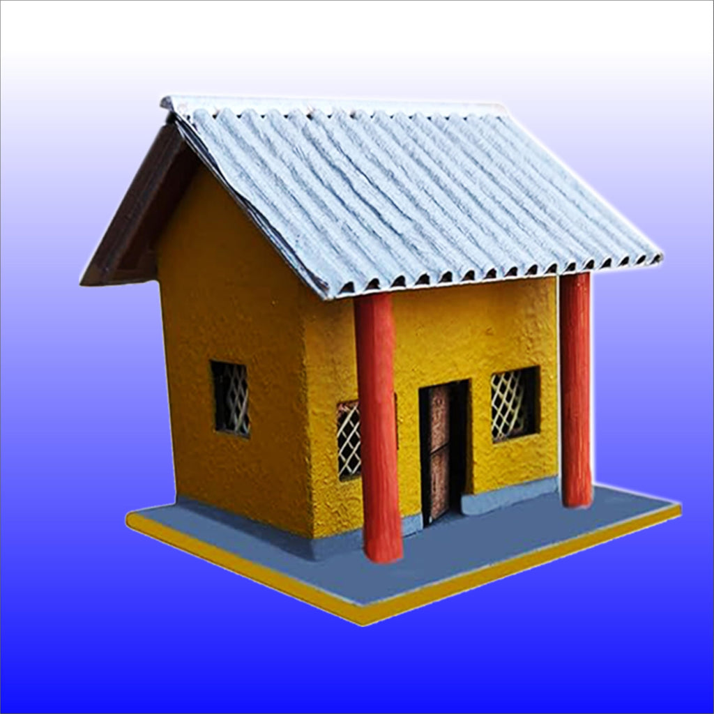 Om Mandala Creation Miniature Village Hut Model with LED Light, 75mm Height, Yellow Acrylic Paint, Corrugated Silver Roof