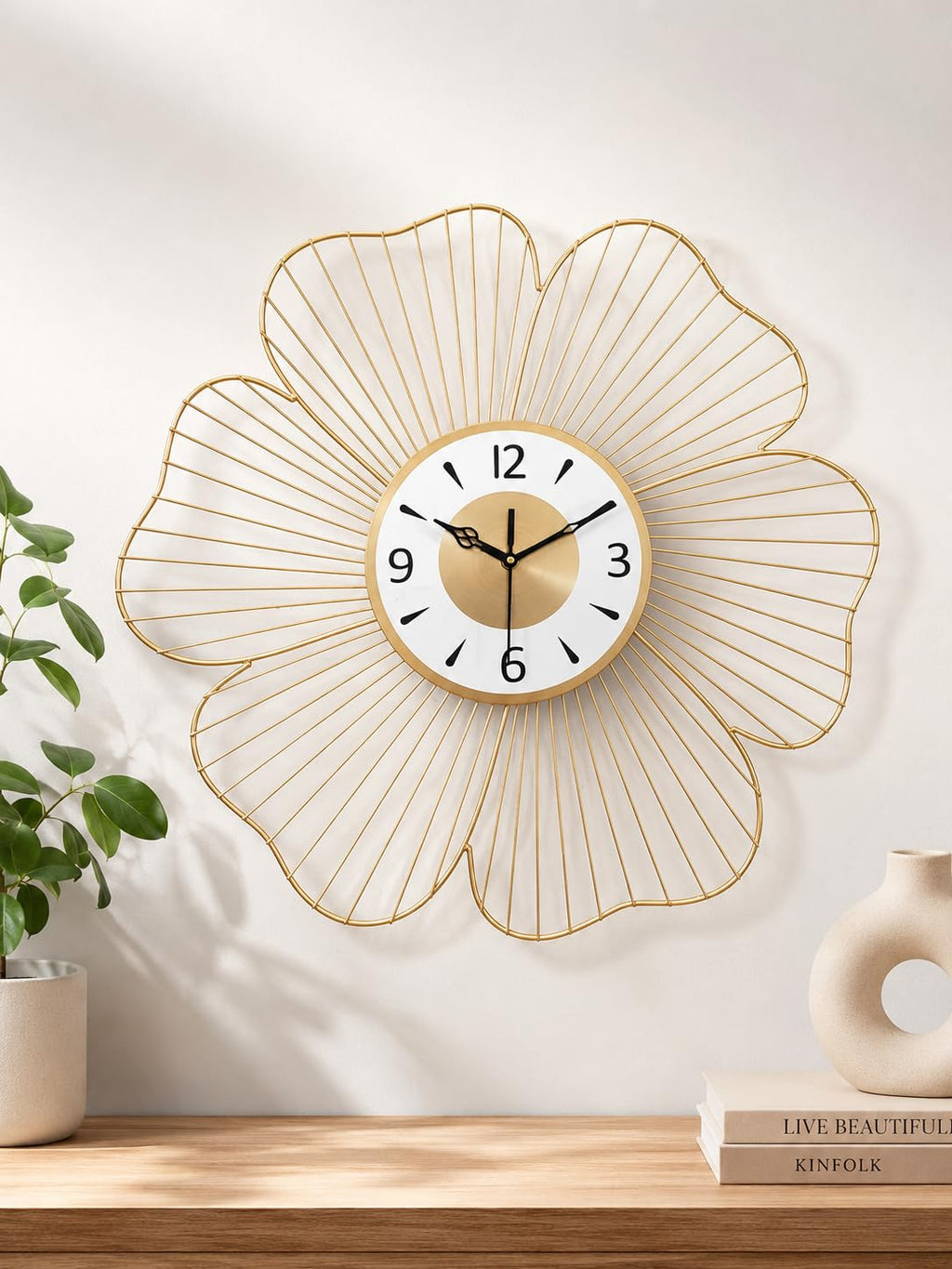 Mahira Artefacts Luxury Gold Metal Flower Wall Clock, Floral Wire Art Design, Silent Non-Ticking, for Living Room and Bedroom