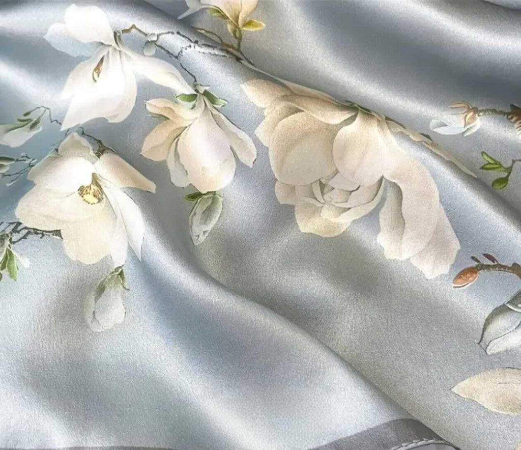 Silk Scarf with Magnolia Floral Print, Grey, Silk Finish, Elegant Neck Wrap