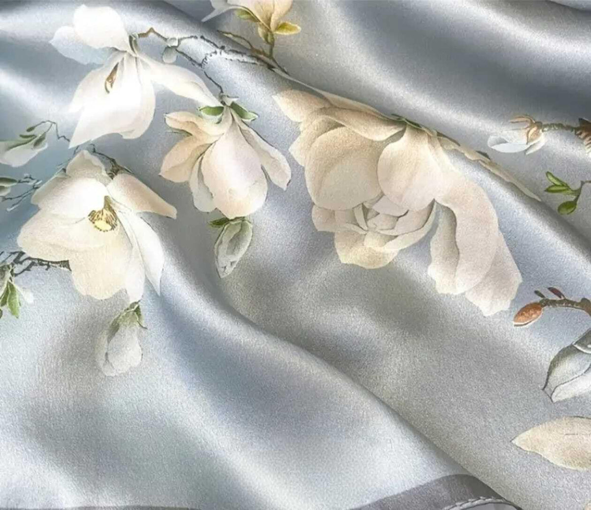 Silk Scarf with Magnolia Floral Print, Grey, Silk Finish, Elegant Neck Wrap