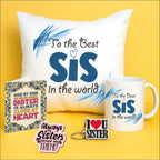 PICRAZEE Birthday Gift for Sister, Raksha Bandhan Gift Hamper for Sister – 12 Cushion with Filler, Ceramic Mug, Keyring, Fridge Magnet & Greeting Card