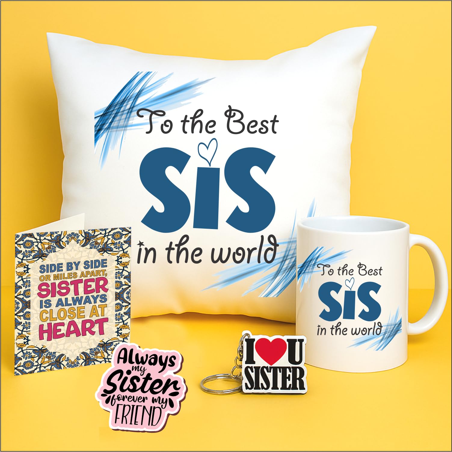 PICRAZEE Birthday Gift for Sister, Raksha Bandhan Gift Hamper for Sister – 12 Cushion with Filler, Ceramic Mug, Keyring, Fridge Magnet & Greeting Card