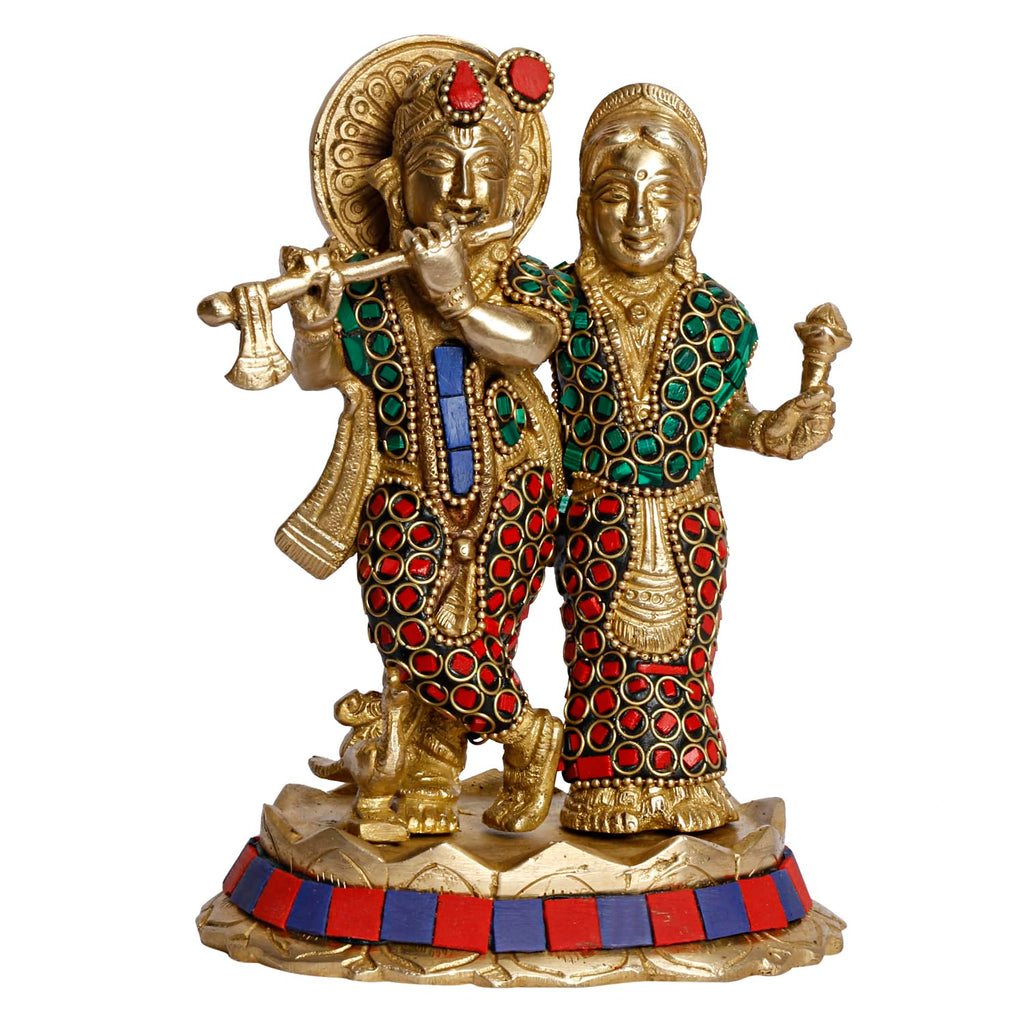 ARTVARKO Brass Lord Radha Krishna Playing Flute Standing On Lotus Multicolor Stone Handwork Murti for Gift 6.5 Inches