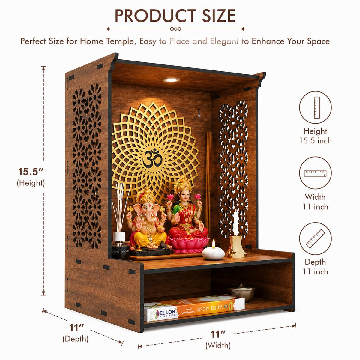 Fliptic Wooden Temple for Home with LED Spotlight | Wall Mounted Pooja Mandir for Home & Office | Decorative Wooden Mandir with Elegant Design for Living Room, Prayer Room & Home Temple Décor