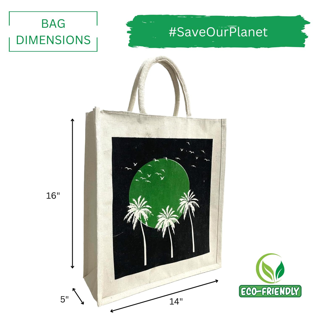 Jute Club Printed Canvas Bag|Shopping|Office|Tiffin| Multipurpose|Eco Friendly with Zipper lock|Spacious|100% Organic Cotton Tote with Lamination-14 X16 X5 (5Pc, Green Moon)