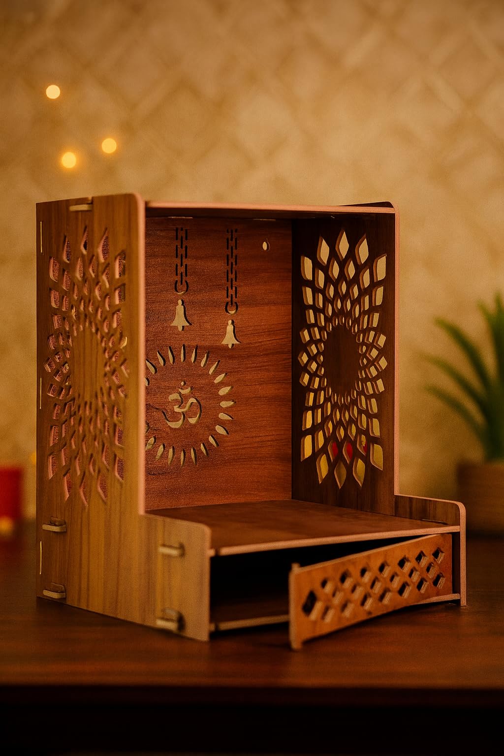 EXPRO Wooden Wall Mounted Pooja Mandir for Home & Office, Wooden Temple for Home Decor Hanging Pooja Stand for Idols | DIY (Do-It-Yourself) (Height 41 | OM Design 4)