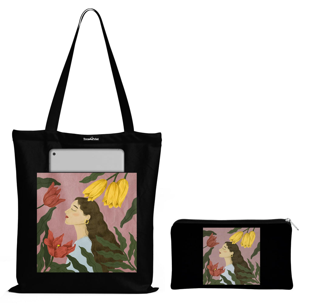 TrendoPrint Eco-Friendly Printed Black Tote Bag 14 x 16 inch with Makeup Pouch for College, Shopping and Travelling (TB147)