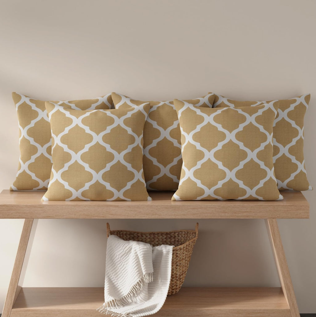 HUESLAND Premium Cotton Cushion Cover 16 inch x 16 inch | Decorative Square Throw Pillow Covers Set for Sofa, Living Room & Bedroom | Set of 5 | Quatrefoil Light Brown