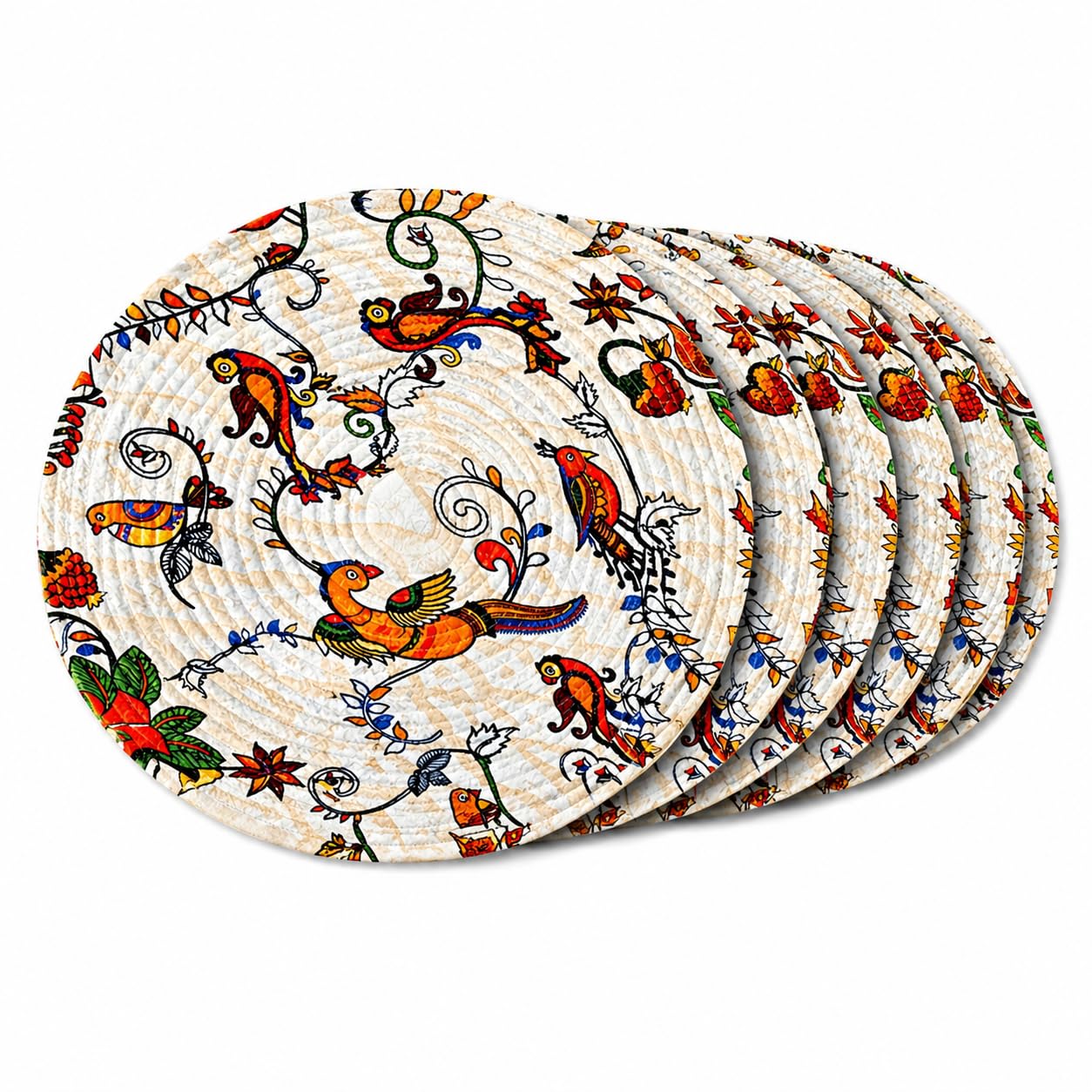 Zimittory Premium Round Cotton Dining Table Mats Set of 6 | Washable Heat Resistant Food Mat | Circular Dining Table Hot Plate Mats & Coaster for Hot Utensil (14-inch, Printed Boho Quilt/Beige) Kafalo