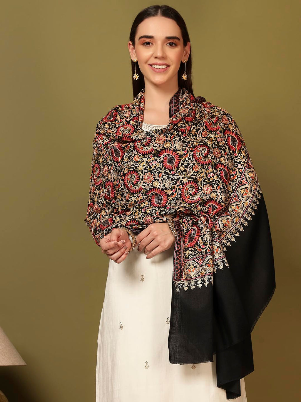 Pashmoda Women Ruhani Fine Wool Nalki Embroidered Shawl (Size: 40x80in, 101x203cm) EMS01