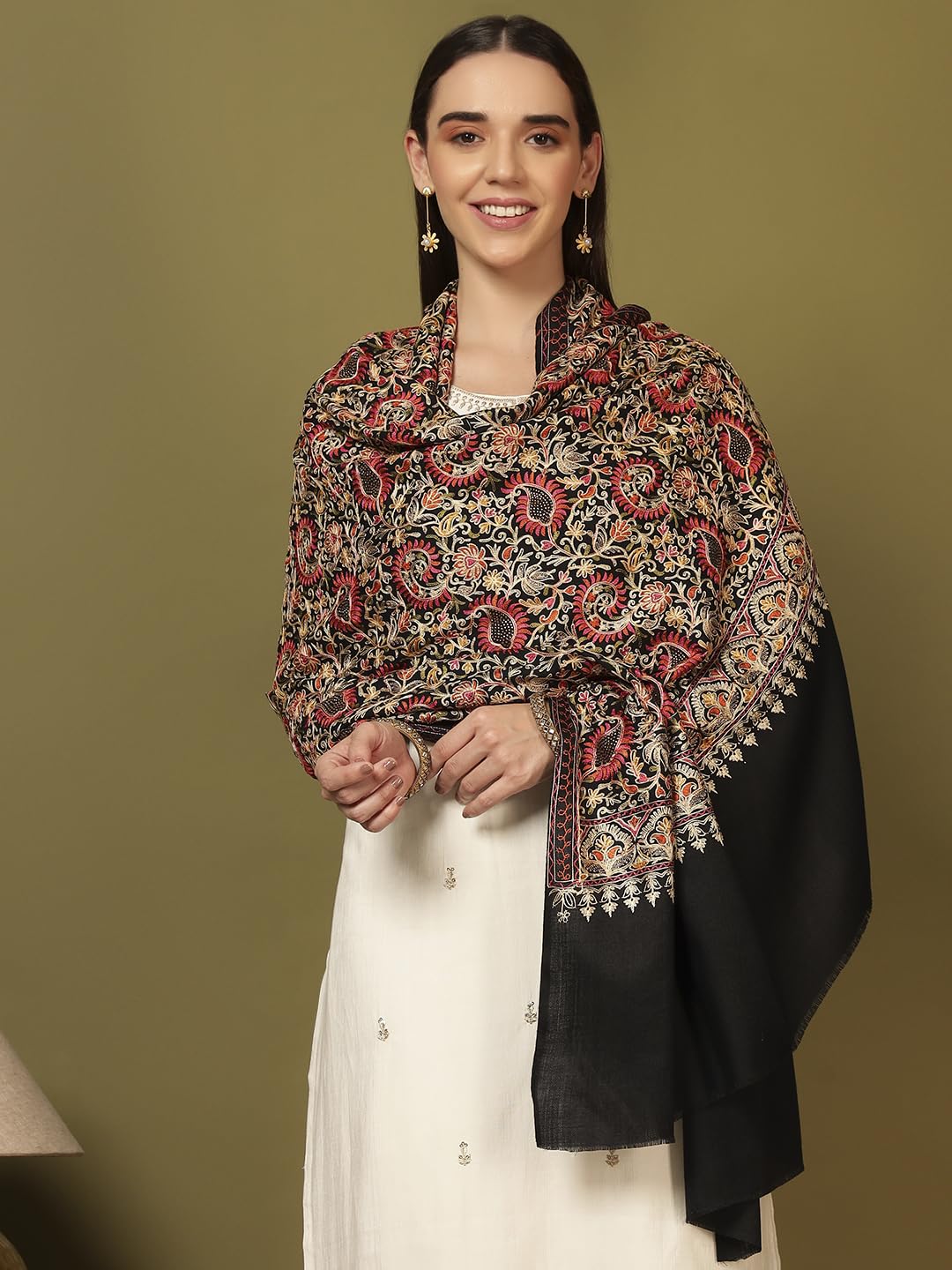 Pashmoda Women Ruhani Fine Wool Nalki Embroidered Shawl (Size: 40x80in, 101x203cm) EMS01