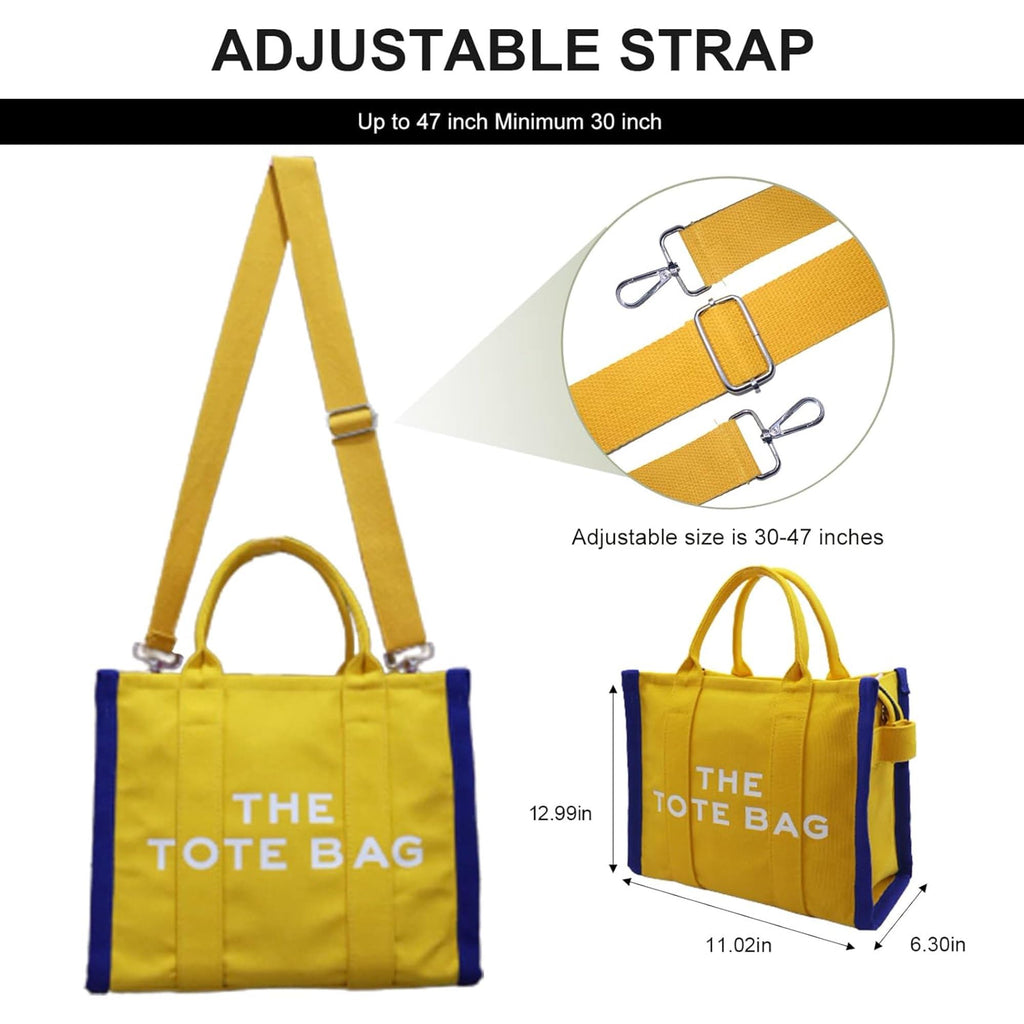 MAIRO LIFESTYLE Women Canvas The Tote Bag with Zipper Small Purse Crossbody Bag Top Handle Traveler Handbag (Yellow with Blue edge)
