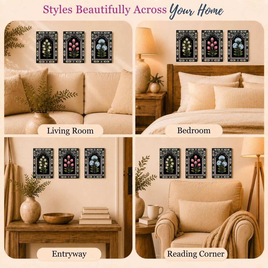 ATRANGI STUDIO Indigo Bloom Handpainted Wooden Wall Frames (Set of 3) | Jharokha Style Floral Wall Hanging | Rajasthani Traditional Art | Framed Wall Painting for Living room, Bedroom, Office | 12×8 Inch